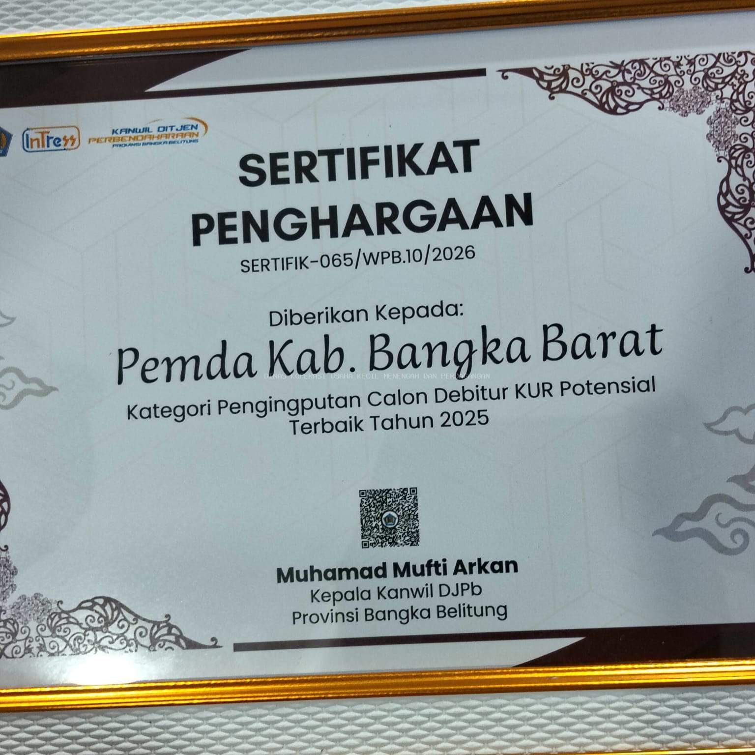 Pemerintah Kabupaten Bangka Barat Berhasil Meraih Predikat Sebagai Pemerintah Daerah Dengan Penginputan Data Calon Debitur KUR Potensial Terbaik Tahun 2025 Oleh DJPB Bangka Belitung